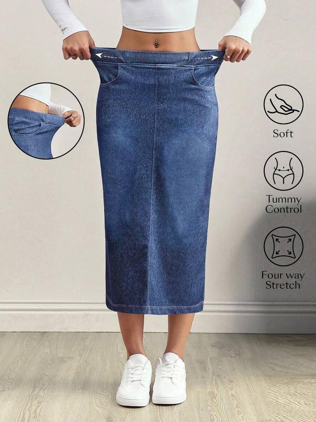 blue denim midi skirt with elastic waistband
