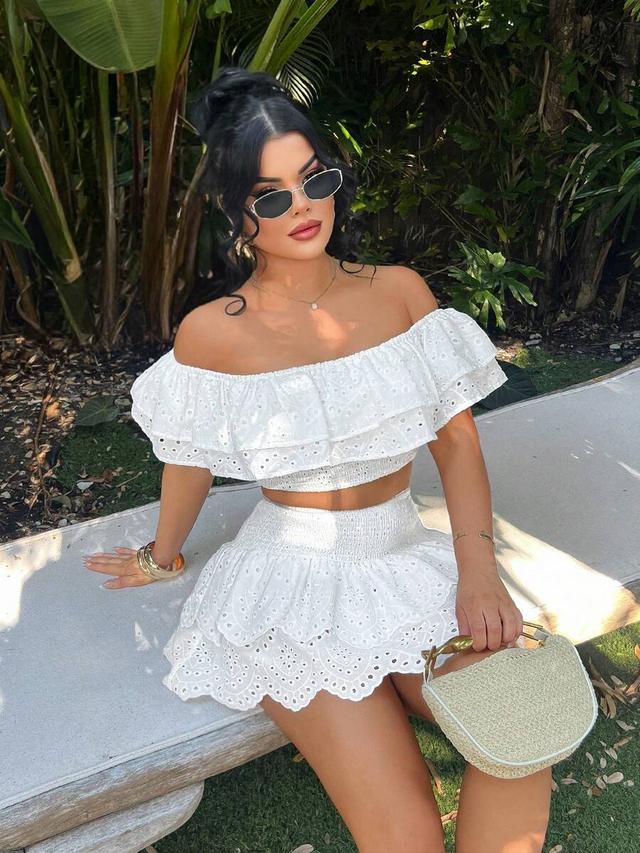 white eyelet embroidery ruffle hem mini skirt