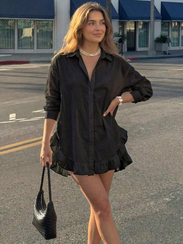 casual solid color ruffle trim black blouse