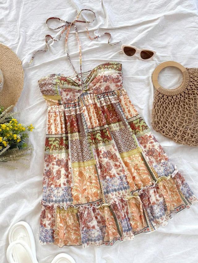 patchwork print halter neck tiered mini dress