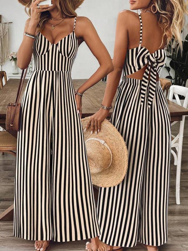 black and white striped wide-leg jumpsuit