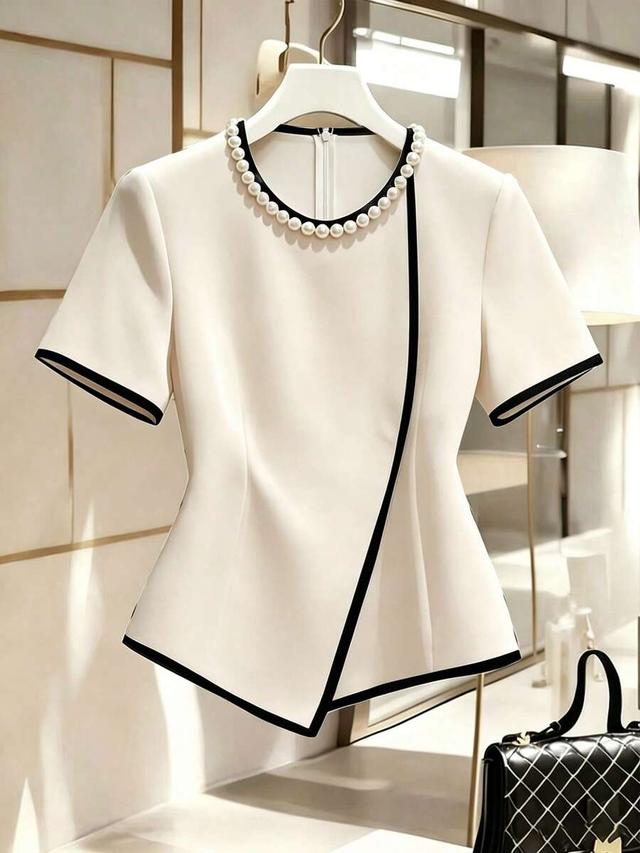 contrast trim pearl bead collared cinched waist blouse