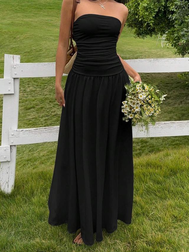 black strapless ruched bodice maxi dress