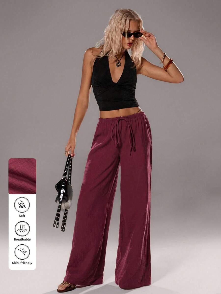 burgundy high waist straight leg cotton gauze pants