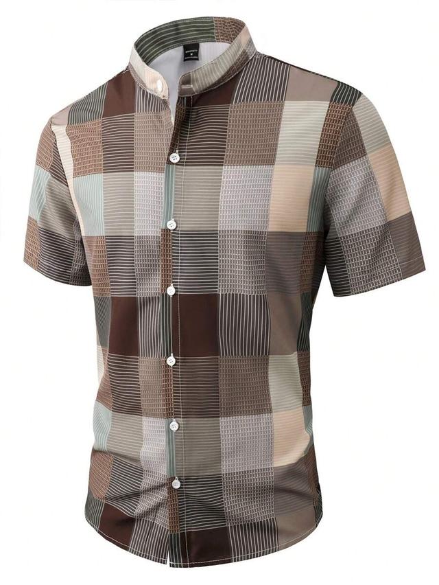 brown plaid printed short sleeve casual shirt