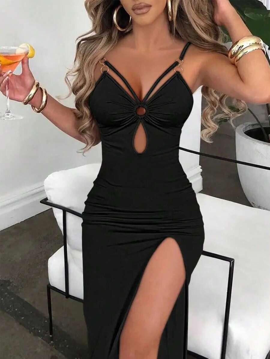 solid black slim fit ring link midi dress