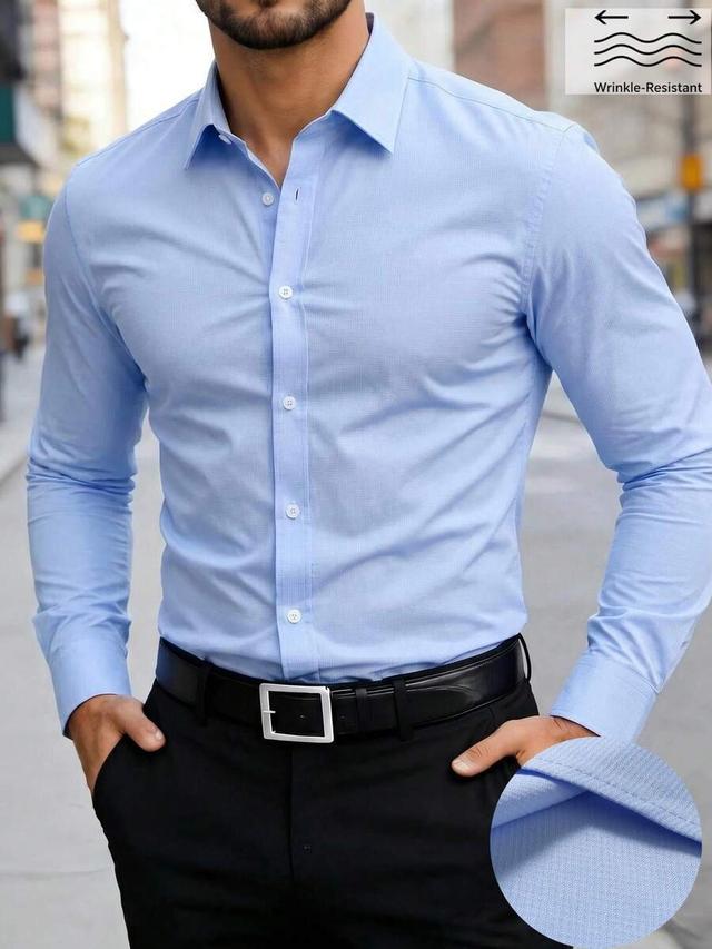 light blue wrinkle-resistant long sleeve dress shirt