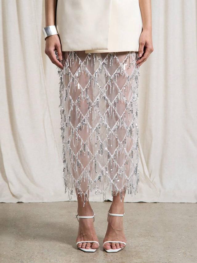 embellished crystal lattice net overlay maxi pencil skirt