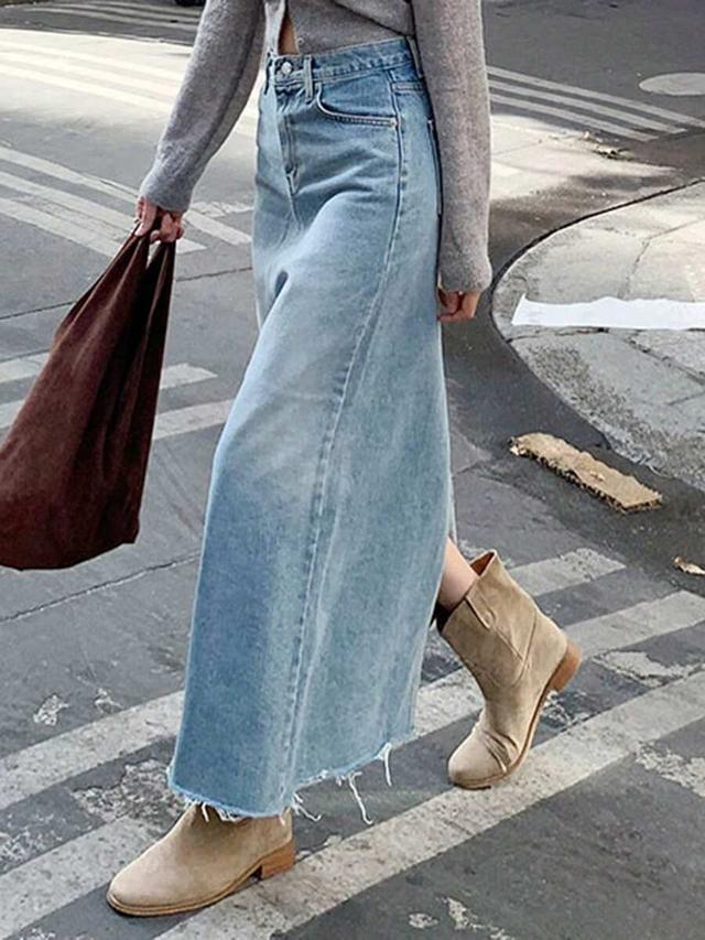 high waist distressed denim maxi skirt with back slit