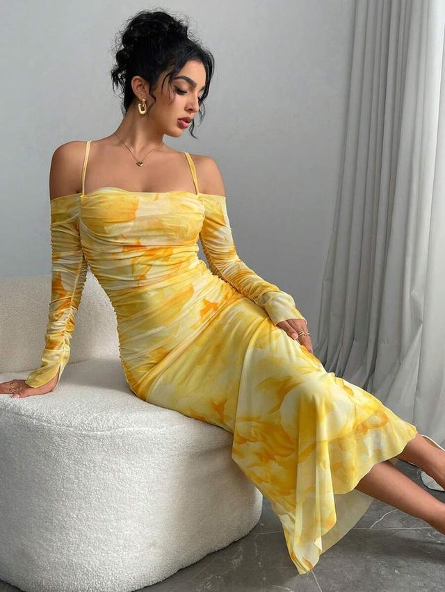 yellow printed off-shoulder long sleeve ruched midi dress