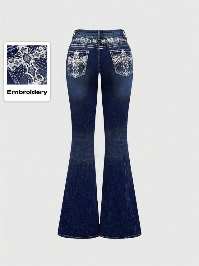 dark wash denim flare jeans with cross embroidery