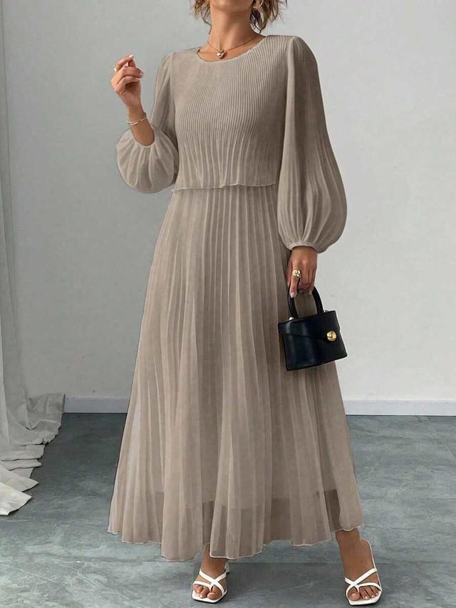 elegant beige pleated chiffon long sleeve dress