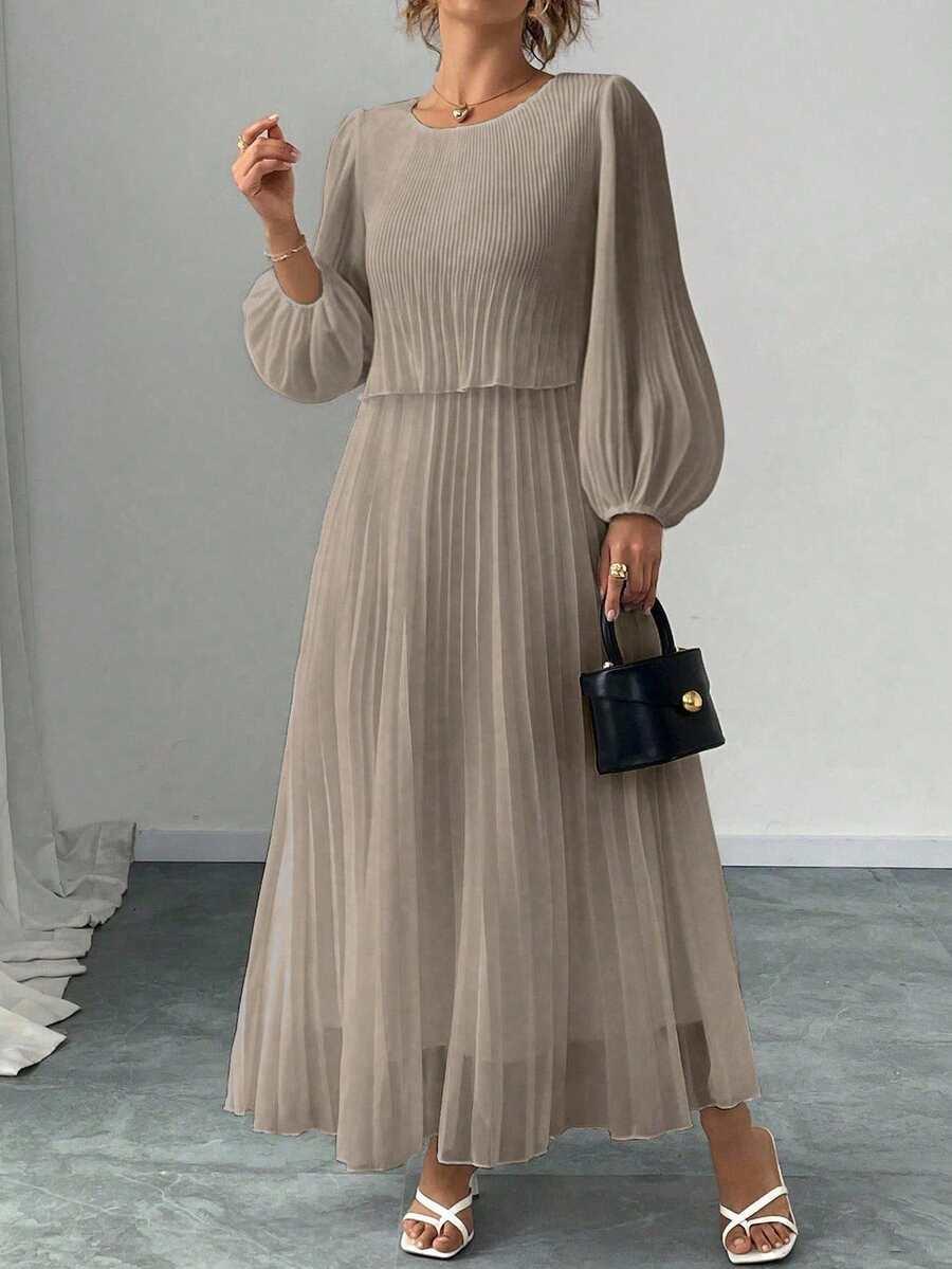 elegant beige pleated chiffon long sleeve dress