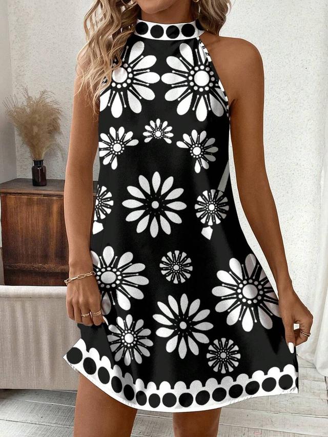 black and white floral halter mini dress