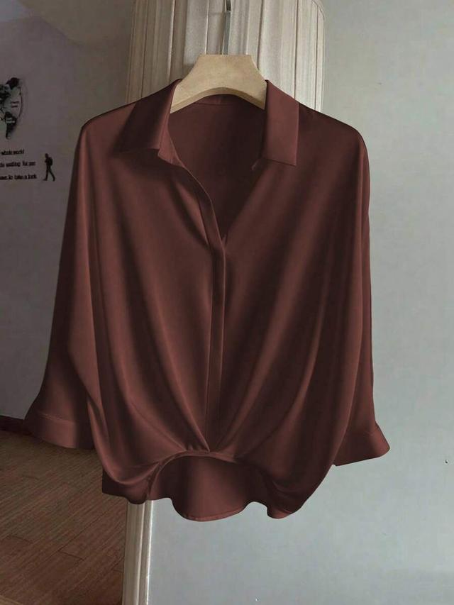 elegant dark brown silk blend pleated hem blouse