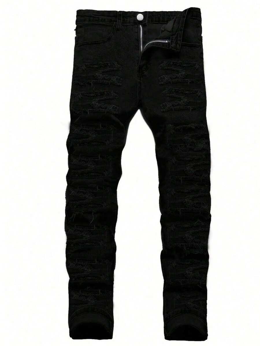 men's fashionable black fringe stretch slim fit jeans
