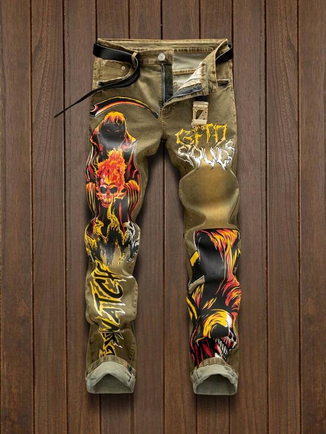 men's olive washed printed straight leg jeans