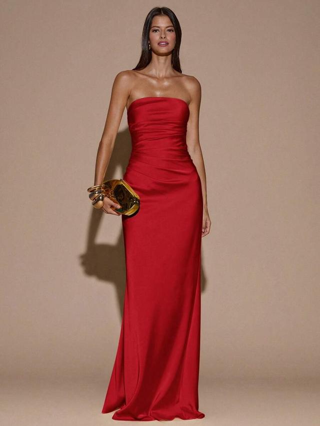 red minimalist ruched backless satin mermaid dress