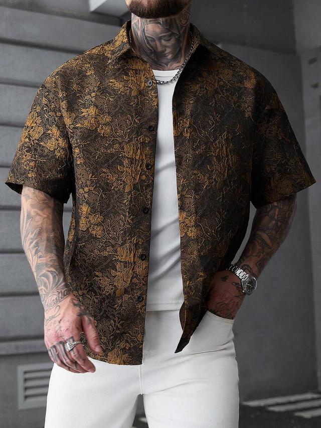 brown and gold floral jacquard cuban shirt