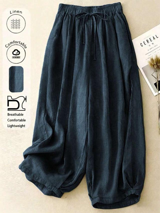 comfortable casual high waist elastic linen drape pants
