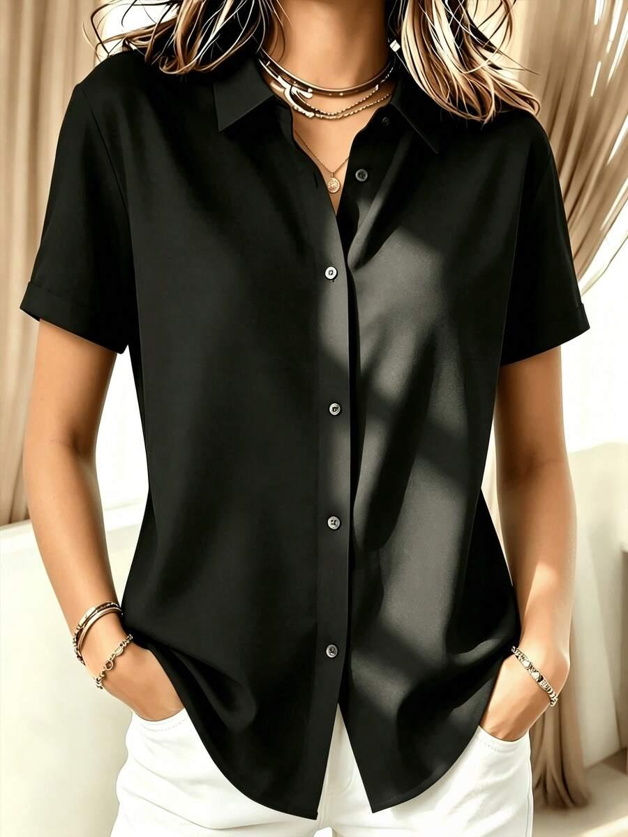 vintage casual solid black short sleeve button-up shirt