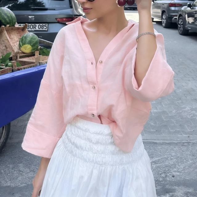 pink casual women's shirt 3/4 sleeve blouse