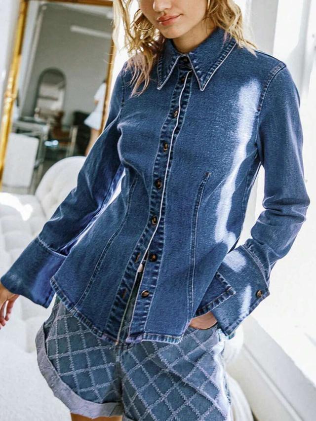 plain casual button front denim shirt