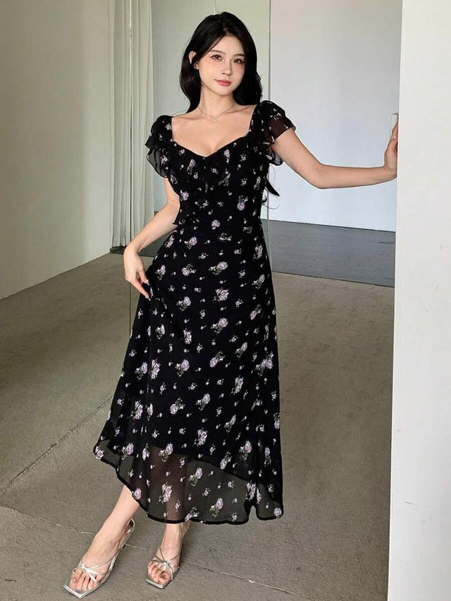 black ditsy floral print milkmaid midi dress