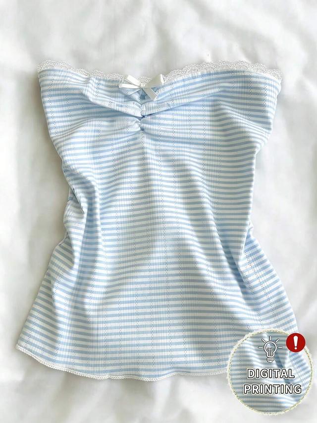 blue and white stripe lace trim bow tube top