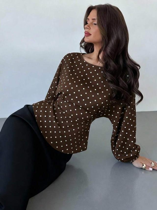 brown and white polka dot batwing sleeve blouse