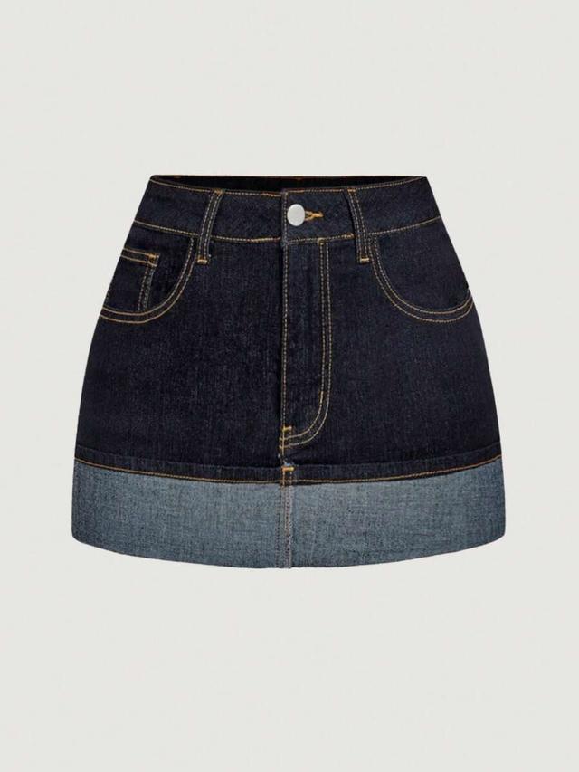 dark wash denim mini skirt with contrast hem