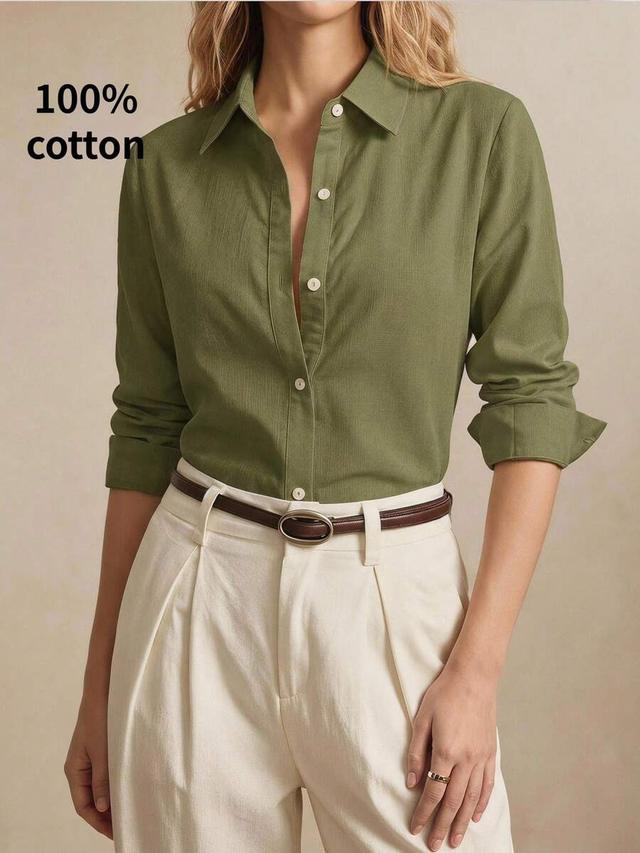 olive green cotton long sleeve button-up shirt