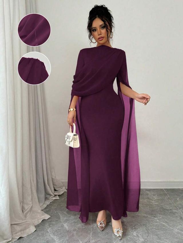grape purple ruched sheer cape sleeve bodycon dress