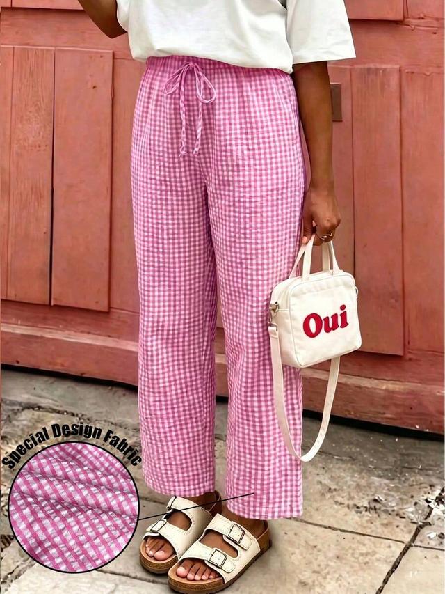 women's pink plaid wide leg drawstring trousers
