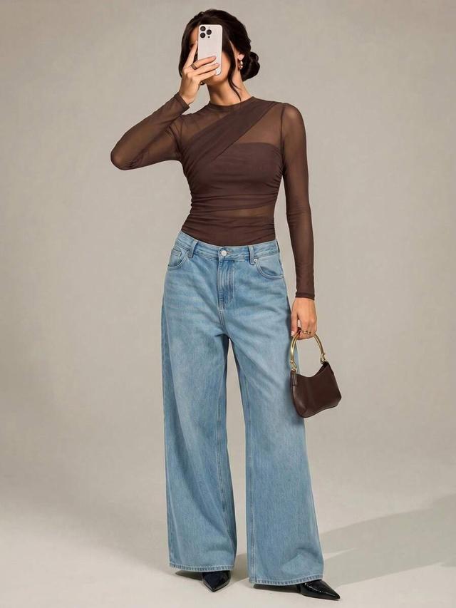 brown sheer mesh ruched long sleeve mock neck bodysuit