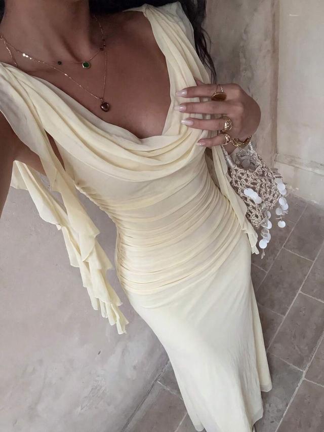 yellow knit mesh ruffle neck long dress