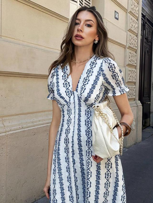 pariaura elegant puff sleeve v-neck vintage print waisted dress