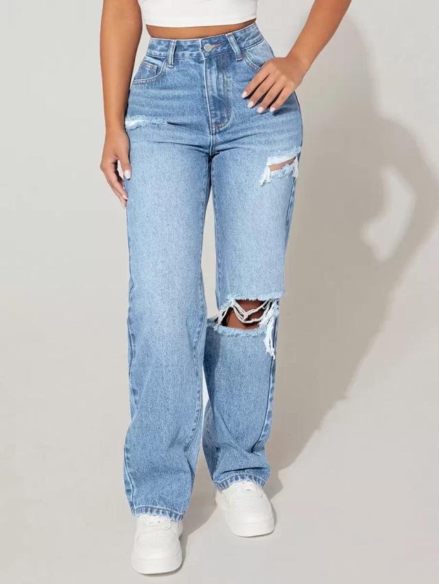 light wash distressed high rise straight leg jeans