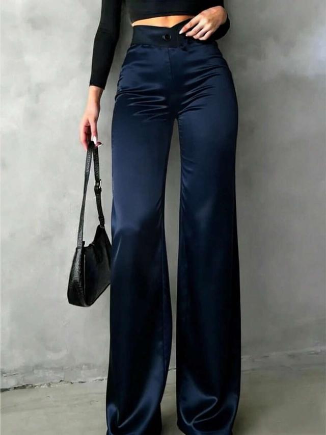 navy satin women's solid navy satin high-waisted straight-leg pants