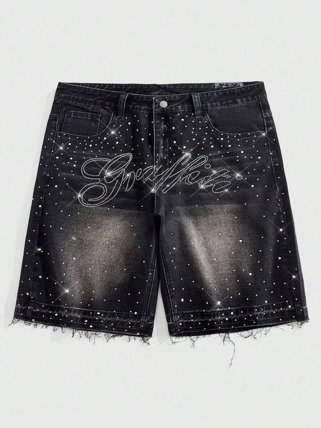 rhinestone embellished washed black frayed denim shorts