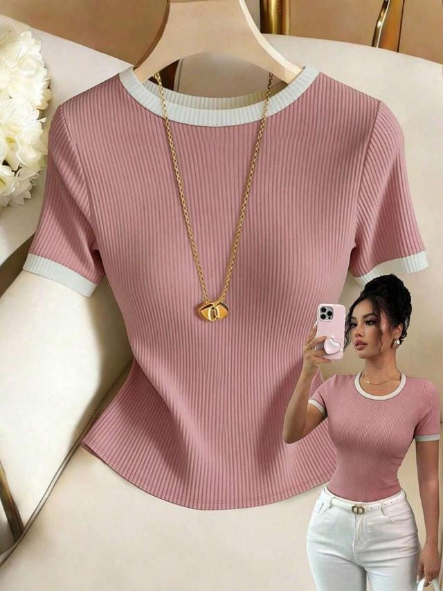 pink and white ribbed knit contrast trim t-shirt