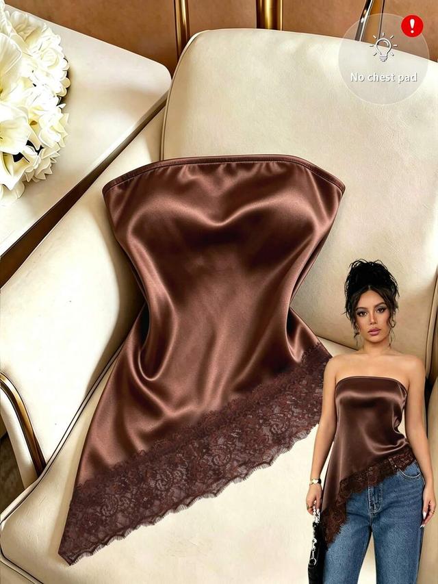 strapless coffee brown satin top with lace asymmetrical hem