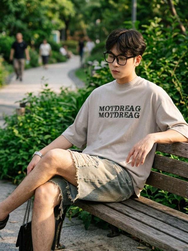 beige distressed denim shorts for men