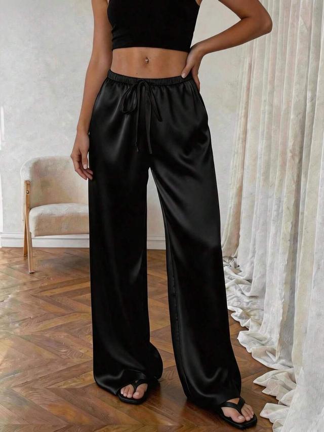 solid black satin drawstring wide leg lounge pants