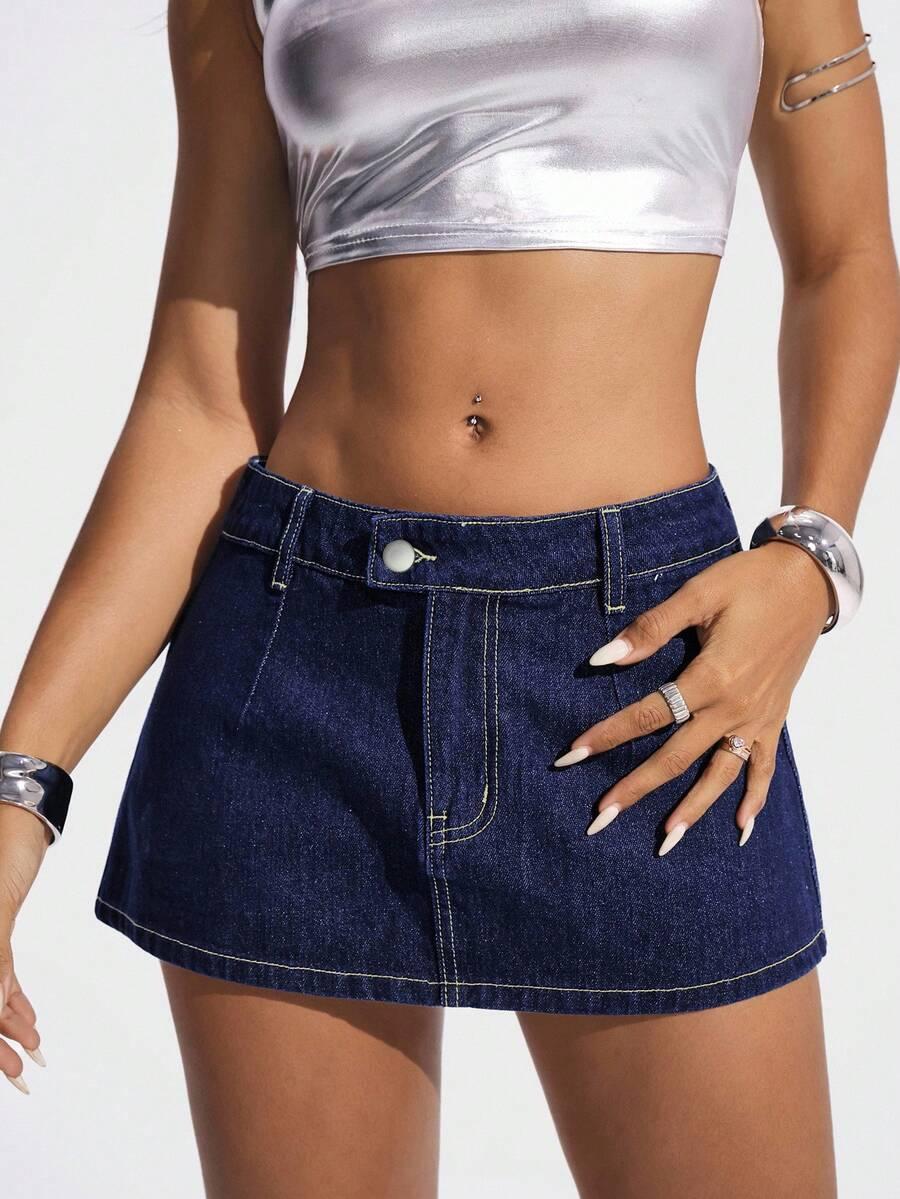dark wash denim mini skirt with contrast stitching