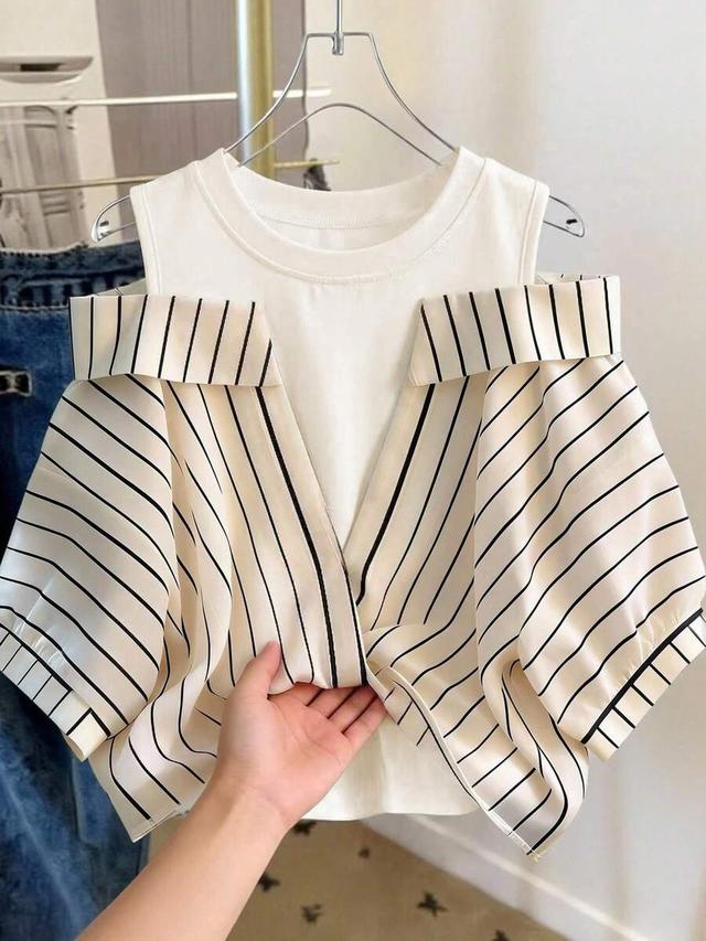 cold shoulder contrast striped two in one blouse