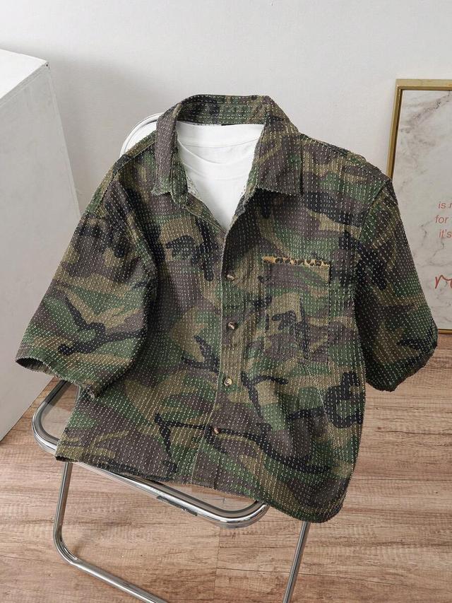 camouflage print crochet short sleeve button up shirt