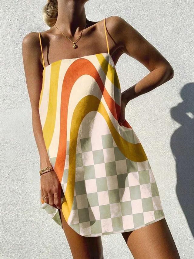 retro print spaghetti strap mini shift dress
