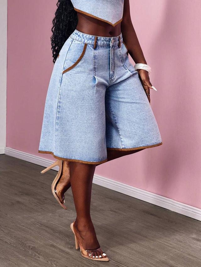 slaydiva women's contrast trim flared denim shorts
