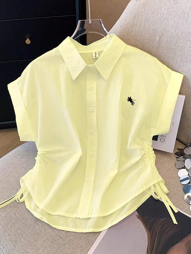 light yellow casual side drawstring cotton shirt